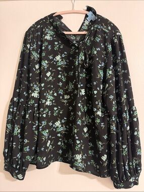 Black Floral Tie-Neck Blouse with Green & Blue Print